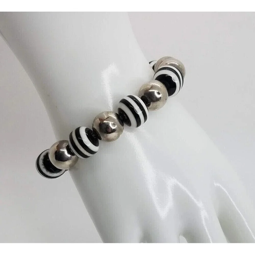 Chic Black‎ White Stripe Silver Tone Beaded Stretch Bracelet Fashion Jewelry